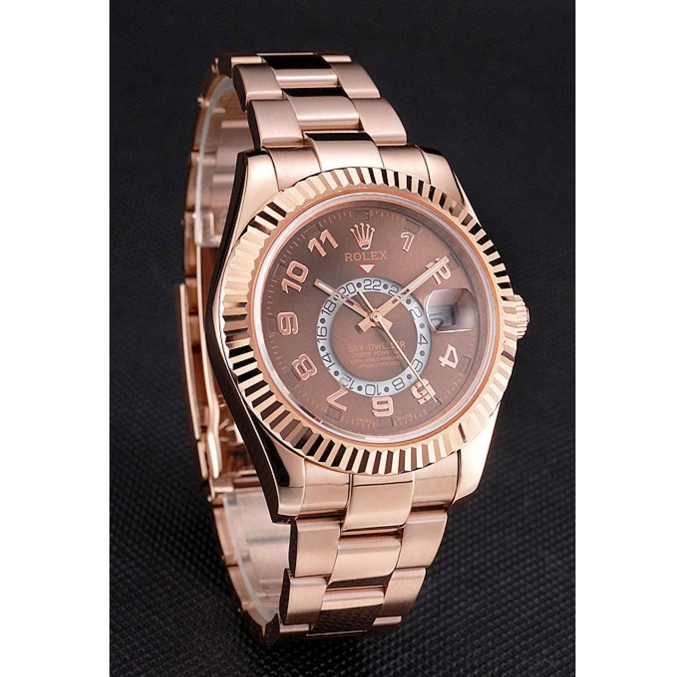 Aaa replica Case Rose Brown Rolex Ad Dweller Dial Bracelet Sky Gold 0723